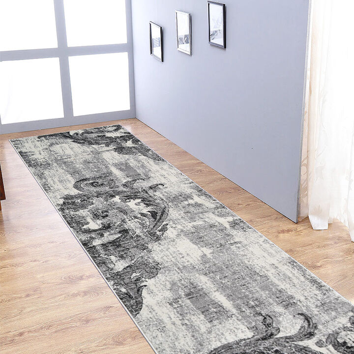 RUGSOTIC CARPETS MACHINE MADE HEATSET POLYPROPYLENE AREA RUGS  - 3'2''x10', Runner Shape, Silver Color, Floral Modern Design, Midium Pile Machine Made Area Rugs for Living Room, Bed Room (M00056)