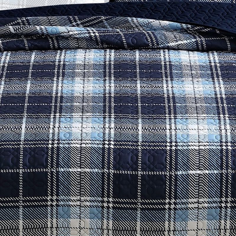 Ivy 2 Piece Twin Size Plaid Coverlet with Matching Sham, Blue, White - Benzara