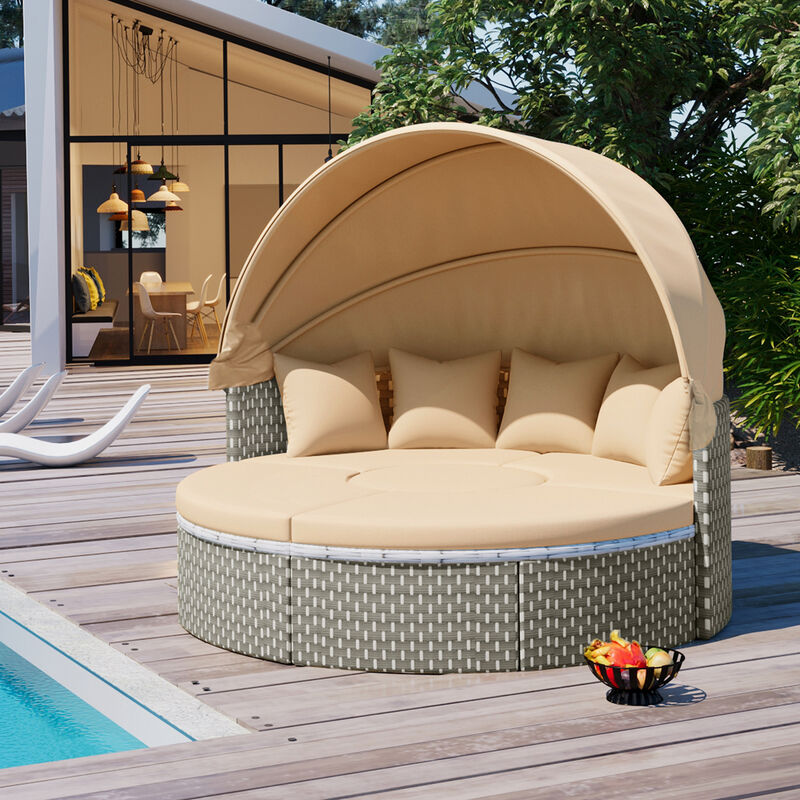 Merax Patio Furniture Round Outdoor Sectional Sofa Set Rattan Daybed