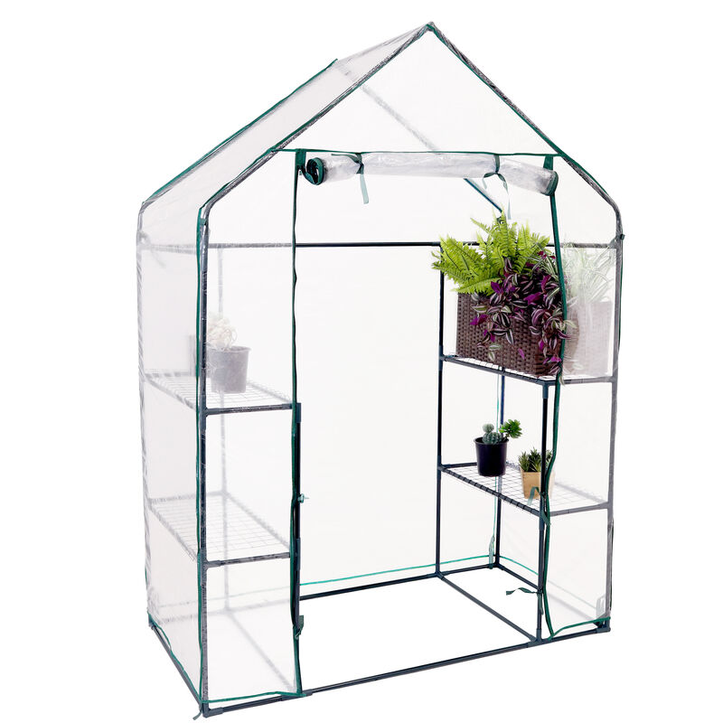 Sunnydaze Large Steel PE Cover Walk-In Greenhouse with 4 Shelves - Clear
