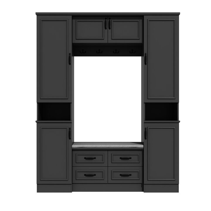 Hall Tree with Bench, 6 Cabinets and 4 Drawers, Entryway Bench with 4 Coat Racks, Entryway Cabinet with 6 Doors and Adjustable Shelves, for Entryway Hallway, 15.7”D x 63”W x 78.7”H, Black