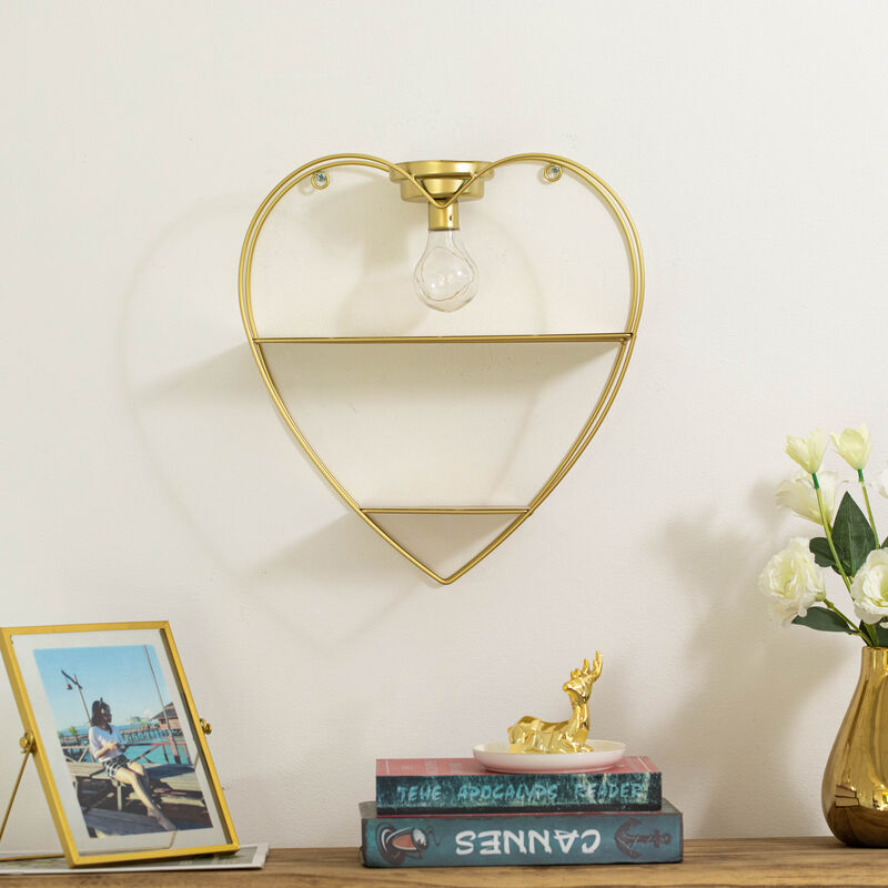 Vintiquewise Heart-Shaped 2-Tier Floating Metal Wall Shelf with Overhead Light Bulb – Decorative Wall-Mounted Shelf for Bedroom, Living Room, Hallway, Bathroom, or Entryway Decor, Gold Finish