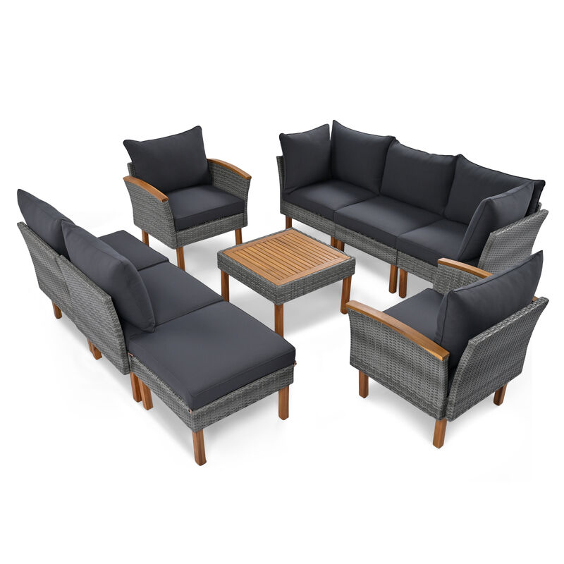 9-Piece Patio Rattan Furniture Set with Acacia Wood Legs