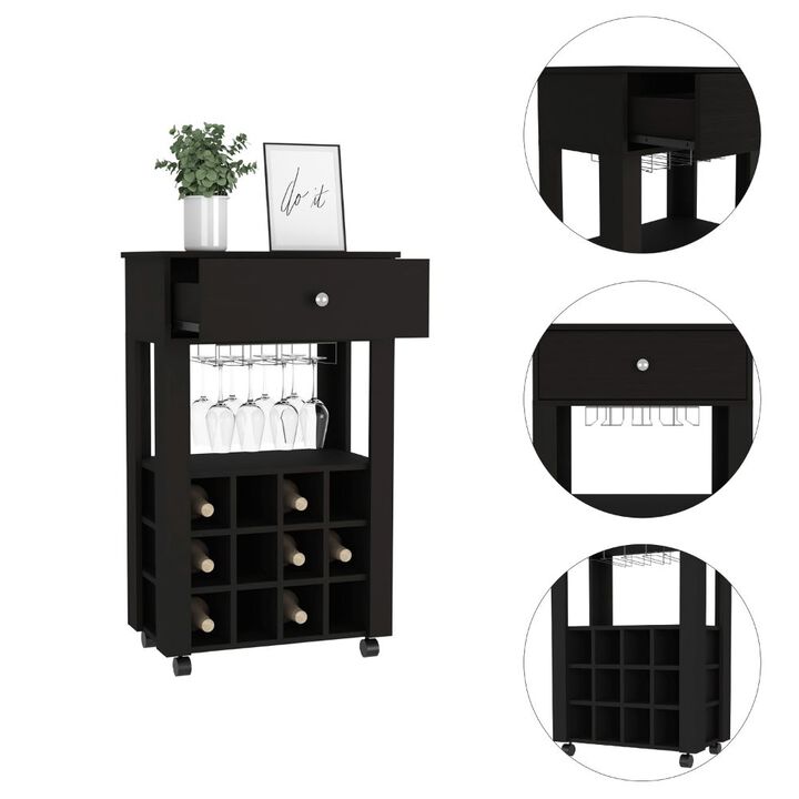 DEPOT E-SHOP Margh Bar Cart, Twelve Built-in Wine Rack, Drawer, Black