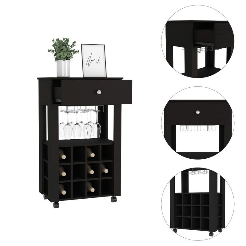 DEPOT E-SHOP Margh Bar Cart, Twelve Built-in Wine Rack, Drawer, Black
