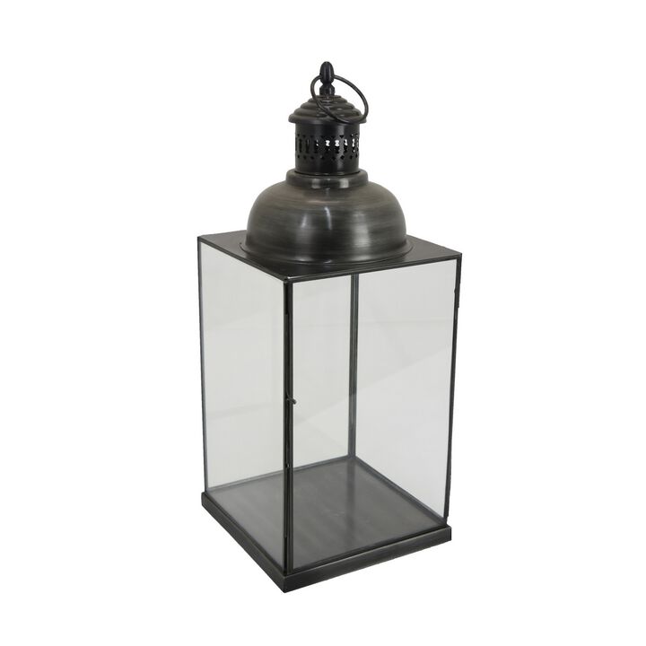 Laila Lantern, Black Metal, Glass Panels, Square Base, 18 Inch Tall - Benzara