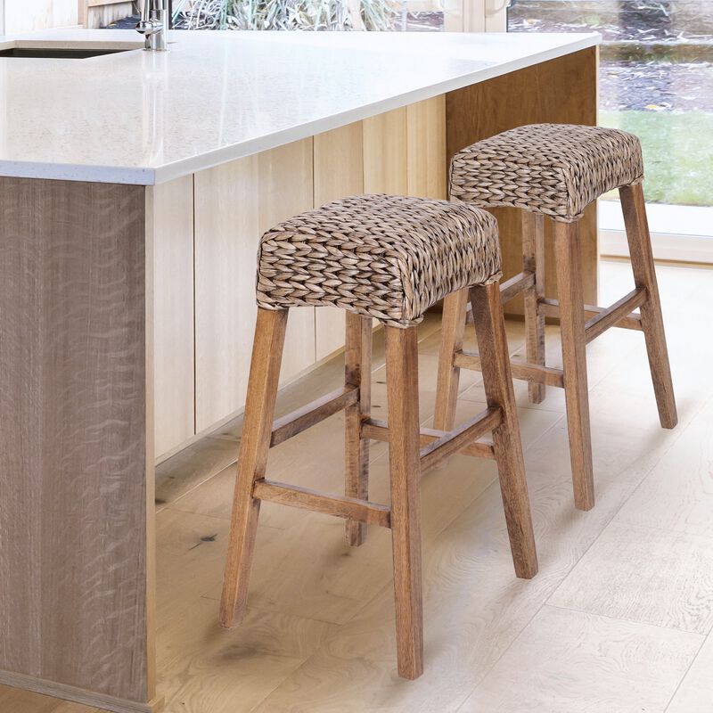 Maui Rustic Bohemian Hyacinth/Wood Backless Bar Stool