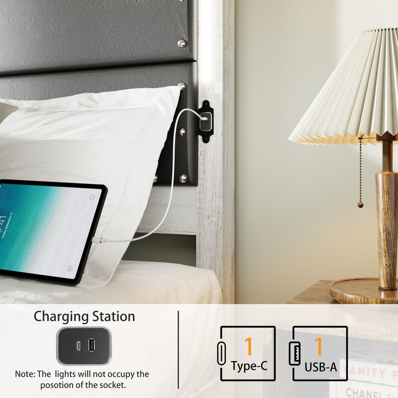 Size Bed Frame with Upholstered Headboard, Bed Frame with Charging Station and LED Lights, Wood Slats, Dark Gray Faux Leather & Rivets, No Box Spring Needed, Easy Assembly