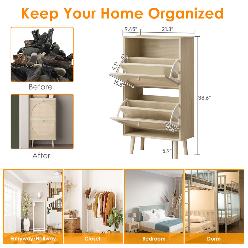 Shoe Storage Cabinet with 2 Rattan Drawers, Space-Saving Shoe Rack