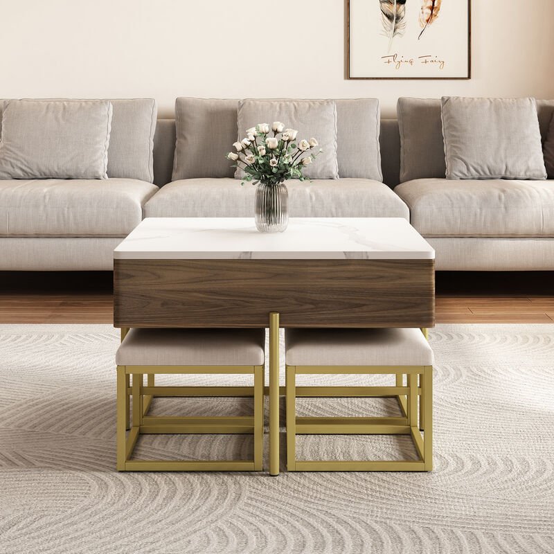 Merax Modern Square Lift-Top Coffee Table with 4 Ottomans Set