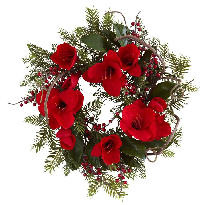 Nearly Natural 24-in Amaryllis Wreath