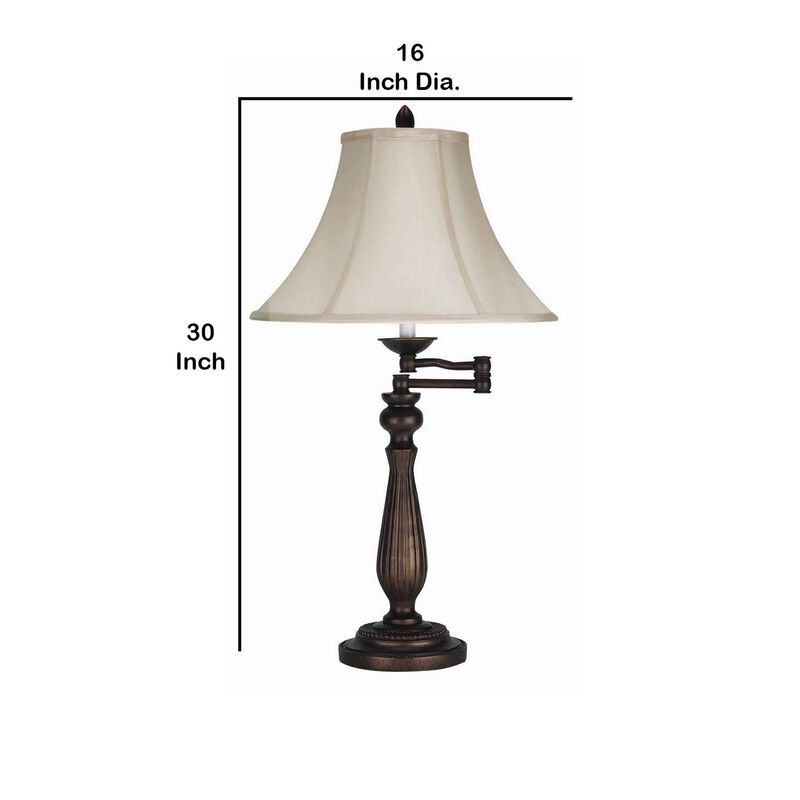 Swing Arm Metal Body Table Lamp with Fabric Bell Shade, Bronze and Beige-Benzara