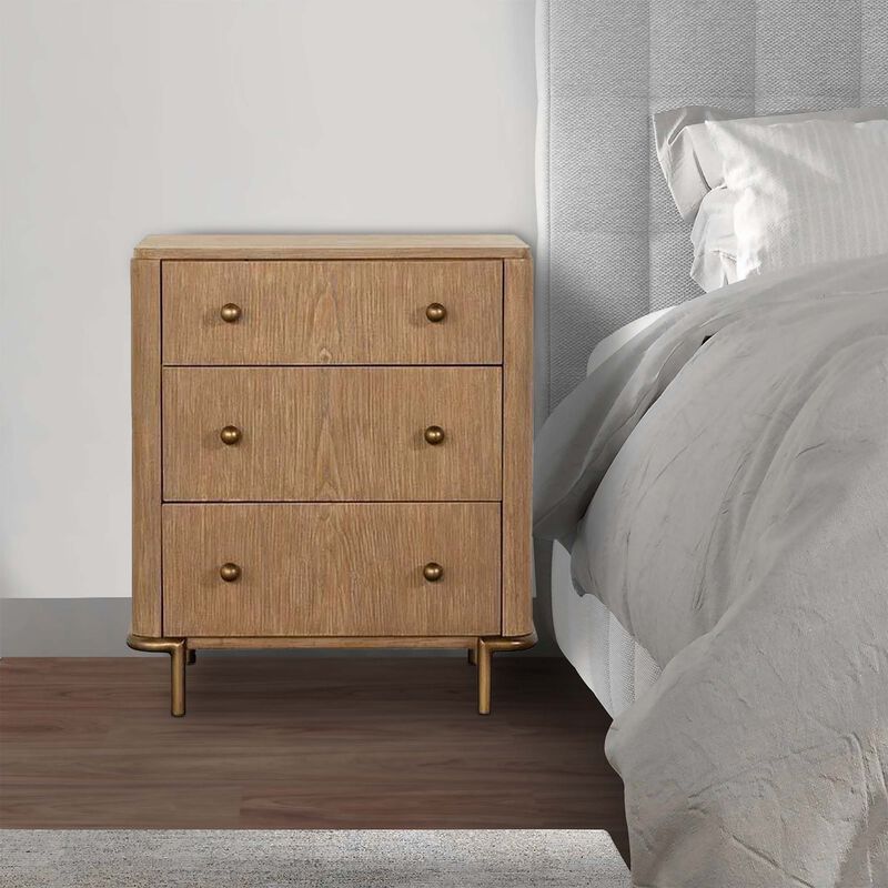 Hiz 29 Inch 3 Drawer Nightstand with Dual USB Ports, Brass Legs, Brown-Benzara