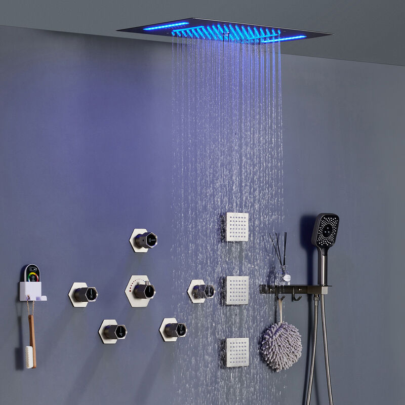 Mondawe Free Combination Handles Flush Ceiling Mounteded Thermostatic 3 Functions 7 Sprays Luxury Shower System with 3 Body Jets and Shower Holder in Brushed Nickel (Rough-in Valve Included)