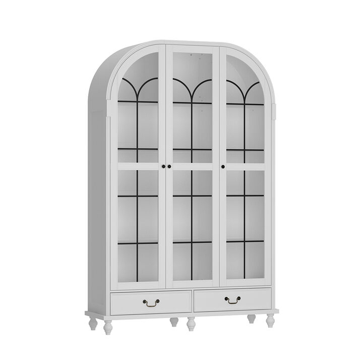 FUFU&GAGA Modern White Bookcase with Glass Doors, 2 Drawers & 8 Shelves, Elegant Storage for Living Room, Bedroom, or Office (77.2"H x 50.4"W x 15.7"D), White