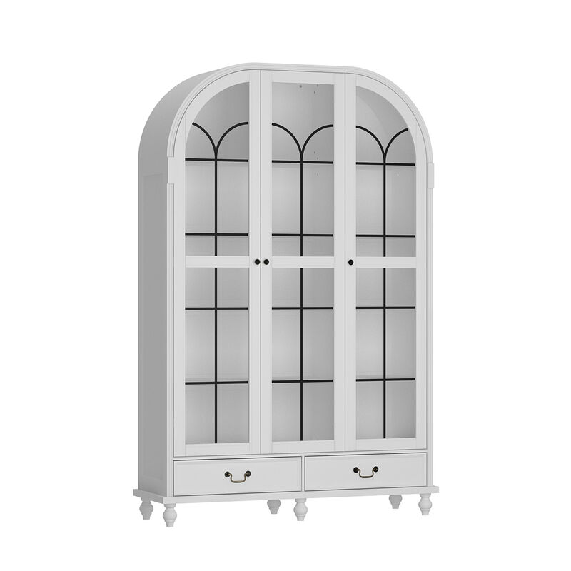 FUFU&GAGA Modern White Bookcase with Glass Doors, 2 Drawers & 8 Shelves, Elegant Storage for Living Room, Bedroom, or Office (77.2"H x 50.4"W x 15.7"D), White