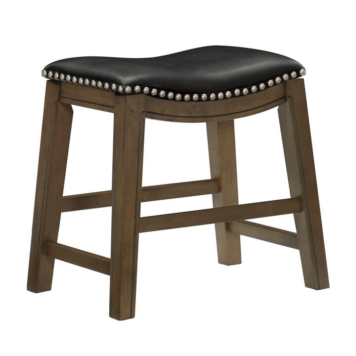 Miel 20 Inch Dining Stool, Black Faux Leather and Brown Solid Wood - Benzara