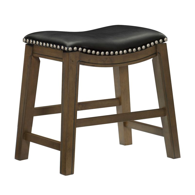 Miel 20 Inch Dining Stool, Black Faux Leather and Brown Solid Wood - Benzara