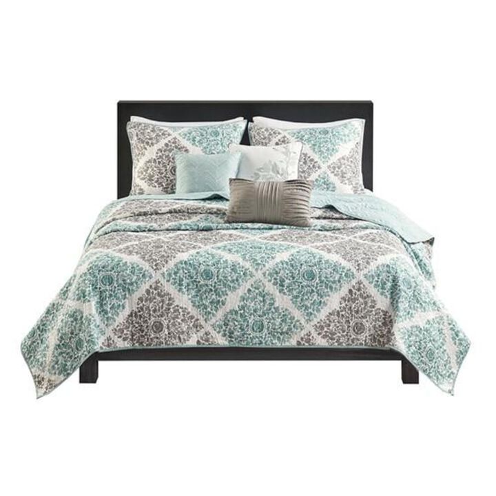 Belen Kox Aqua Leaf Print Reversible 6-Piece Coverlet Set, Belen Kox