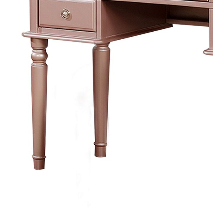 Vanity Set with Turned Tapered Legs and Three Piece Mirror, Rose Gold-Benzara