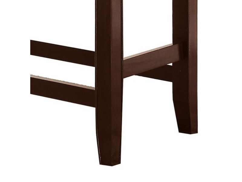 Wooden Counter Height Bench with Leatherette Seat, Brown and Black - Benzara