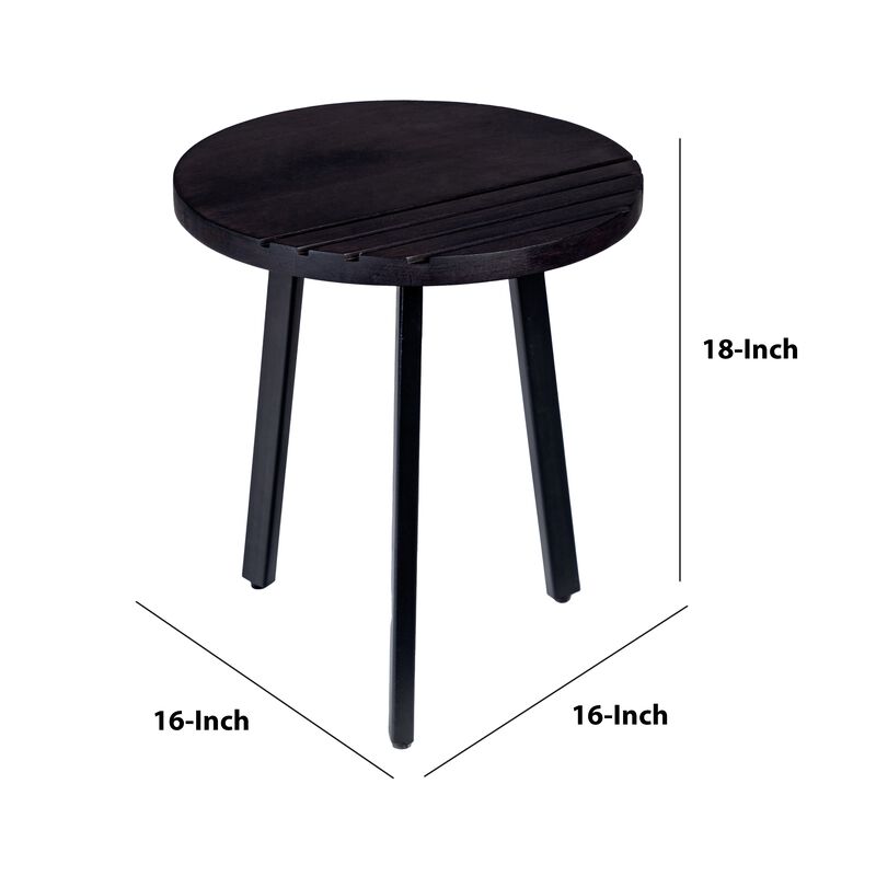 18 Inch Round Mango Wood Side End Table, Grooved Design, Metal Legs, Black-Benzara