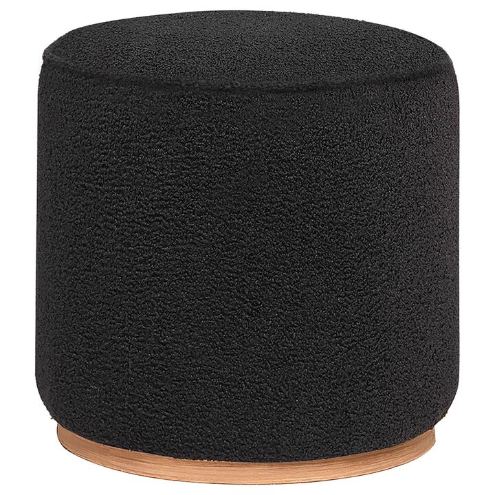 Zia 19 Inch Ottoman, Black Faux Sheepskin Upholstery, Round Platform Base - Benzara
