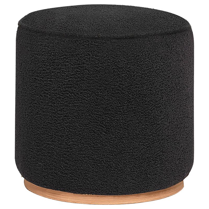 Zia 19 Inch Ottoman, Black Faux Sheepskin Upholstery, Round Platform Base - Benzara
