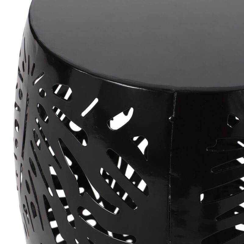 Miami Outdoor End Table Stool, Palm Leaf Pattern, Black Iron, 17 Inch - Benzara