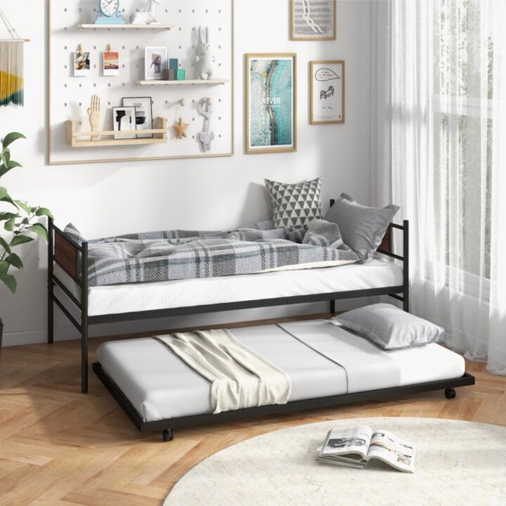 Hivvago Twin Size Metal Daybed with Trundle and Wood Grain Headboard