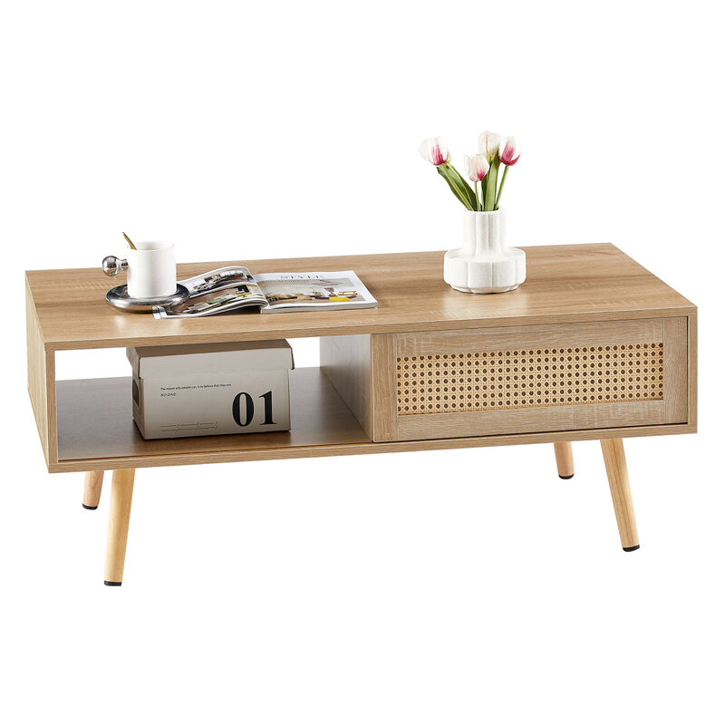 Rattan Coffee Table, Sliding Door For Storage, Solid Wood Legs, Modern Table For Living Room