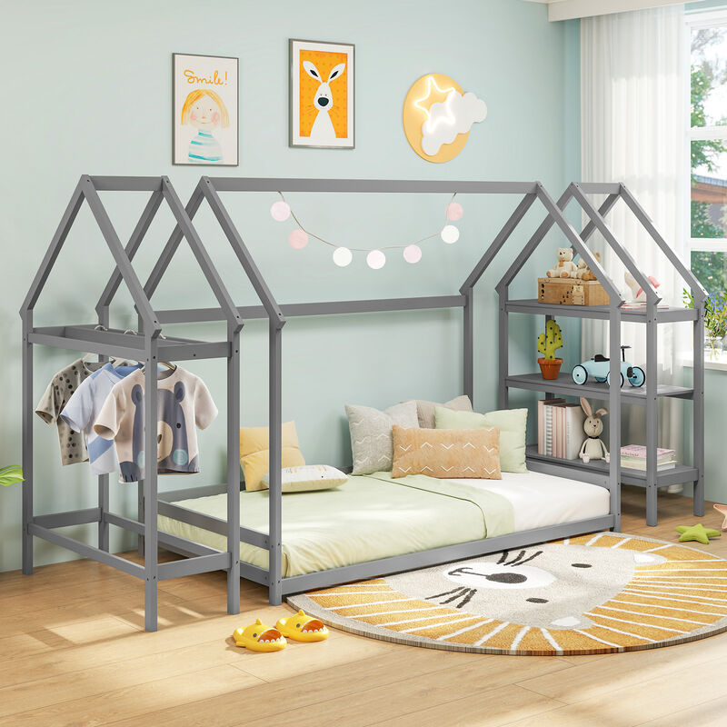 Montessori Floor House Bed with Detachable Storage Shelves