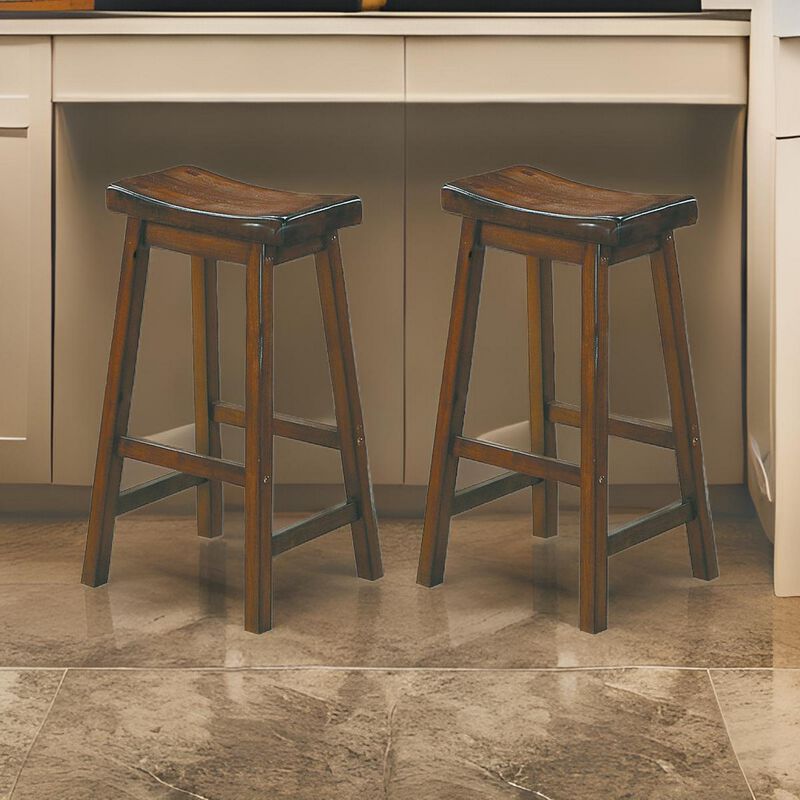 Wooden 29" Counter Height Stool with Saddle Seat, Distressed Cherry, Set Of 2-Benzara