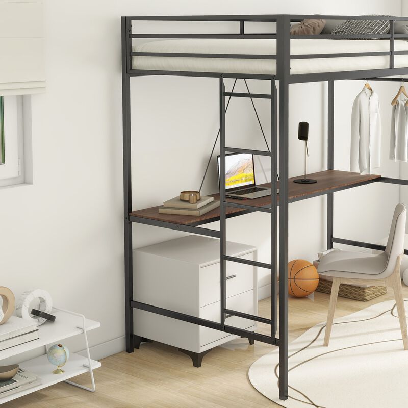 Adam Twin Loft Bunk Metal Bed Frame with Desk and Closet Rod, Guardrails, Easy Assembly, Black