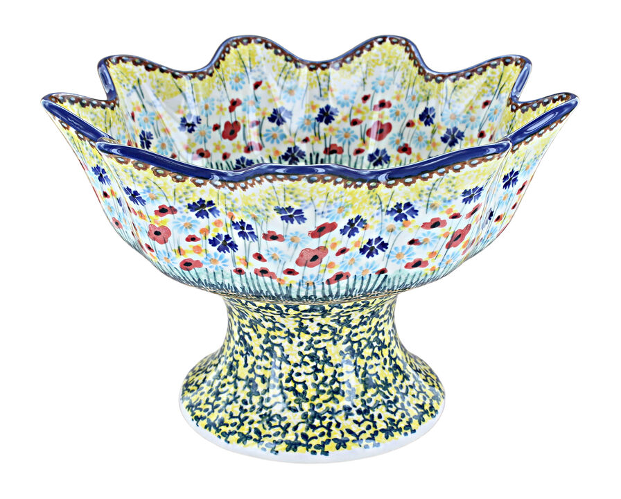 Blue Rose Polish Pottery Red Daisy Pedestal Fruit Bowl