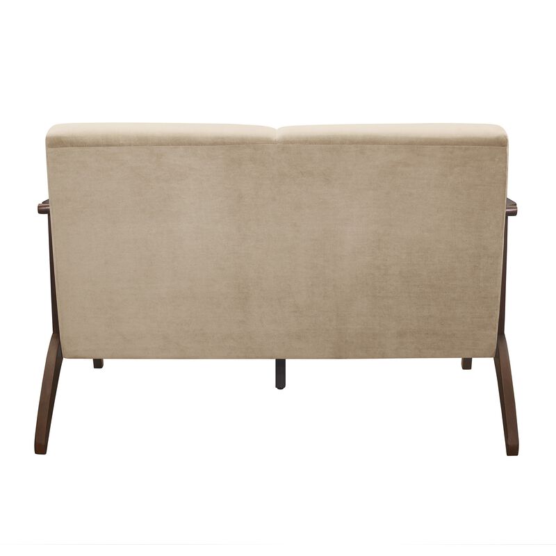 Rica 51 Inch Loveseat, Curved, Soft Beige Velvet, Walnut Brown Solid Wood - Benzara