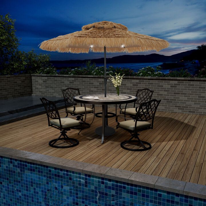 Mondawe 10 ft Hawaiian Crank Design 2 Tier Straw Patio Umbrella with LED Light & Round Based