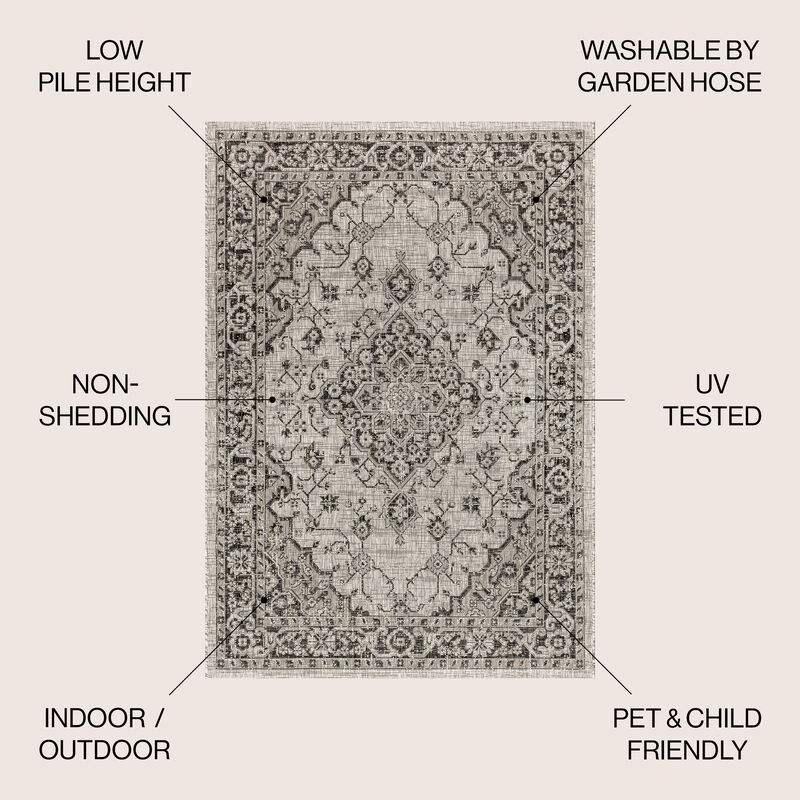 Rozetta Boho Medallion Textured Weave Gray/Black. Indoor/Outdoor Runner Rug