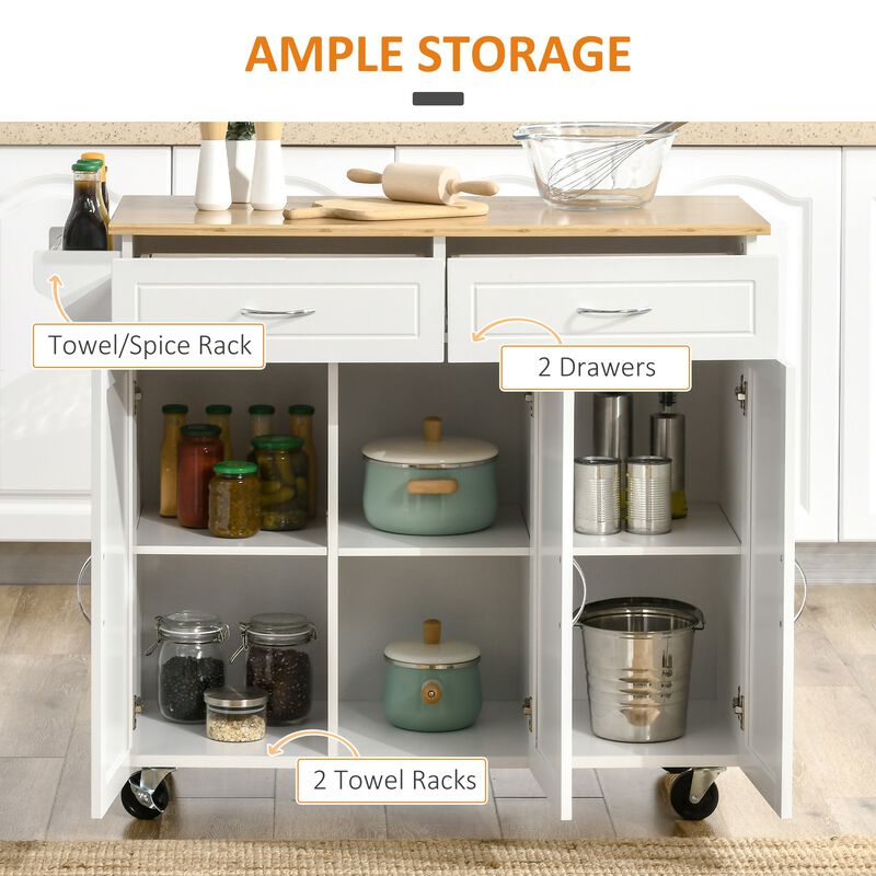 White Kitchen Helper: Mobile Island with Bamboo Top and Storage