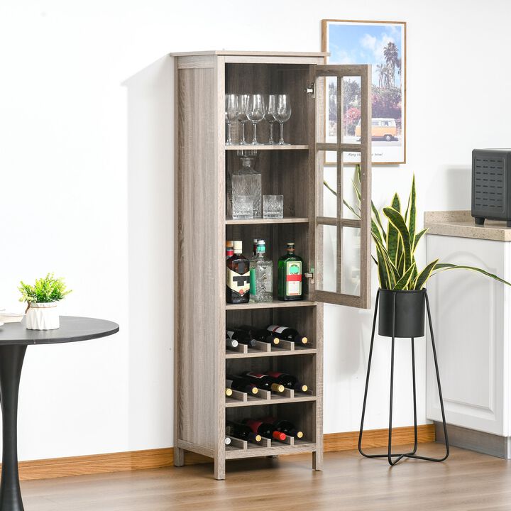 Grey Oak Bar Cabinet: Tall Wine Display with Glass Door and Storage