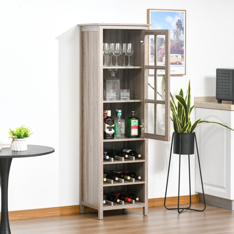 Grey Oak Bar Cabinet: Tall Wine Display with Glass Door and Storage
