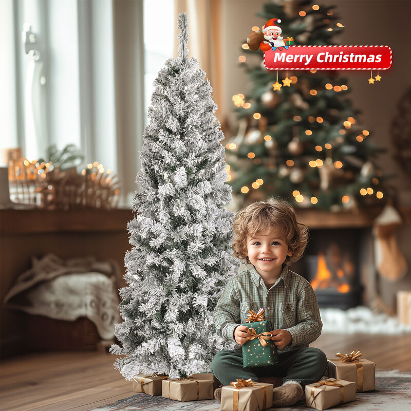 Snowy Flocked Pencil Christmas Tree with 320 Branch Tips and Metal Stand