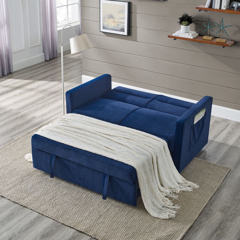 Loveseats Sofa Bed With Pull-Out Bed, Adjustable Back And Two Arm Pocket, Blue (54.5"X33" X 31.5")