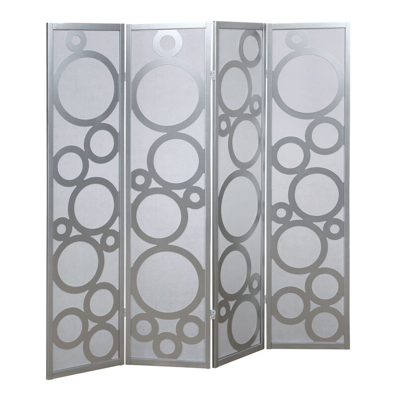 Streamdale 4-Panel Wood Room Divider with Circle Pattern, Silver