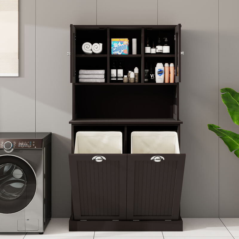 32.68 in. W. x 14.57 in. D x 59.69 in. H Black Freestanding Tilt-Out Linen Cabinet with Adjustable Shelves