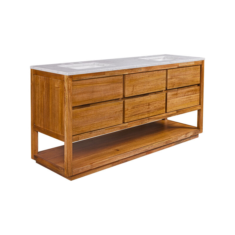 Oakman 72 In. Double Sink Carrara White Marble Countertop Bath Vanity in Mango Wood