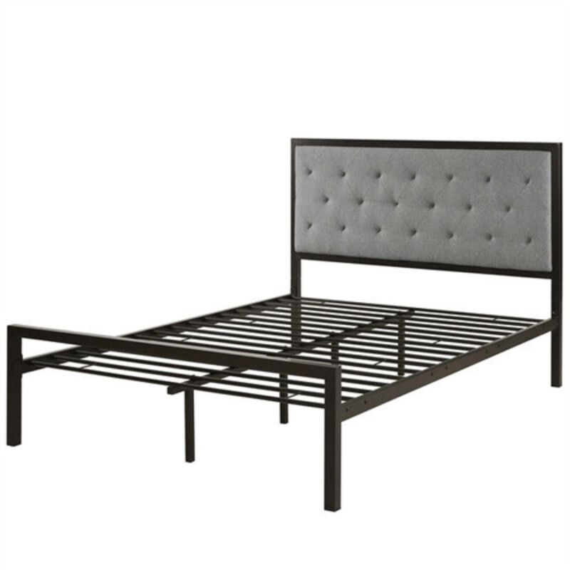 Hivvago Queen size Contemporary Metal Platform Bed with Grey Upholstered Headboard