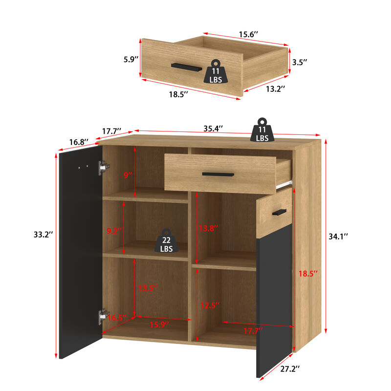 FUFU&GAGA Bookshelf with Storage Cabinet, Adjustable Shelves & Drawers, Modern Farmhouse Bookcase for Living Room, Bedroom, Home Office, (35.4" W x 34.1" H x 17.7" D),Rustic Oak & Black