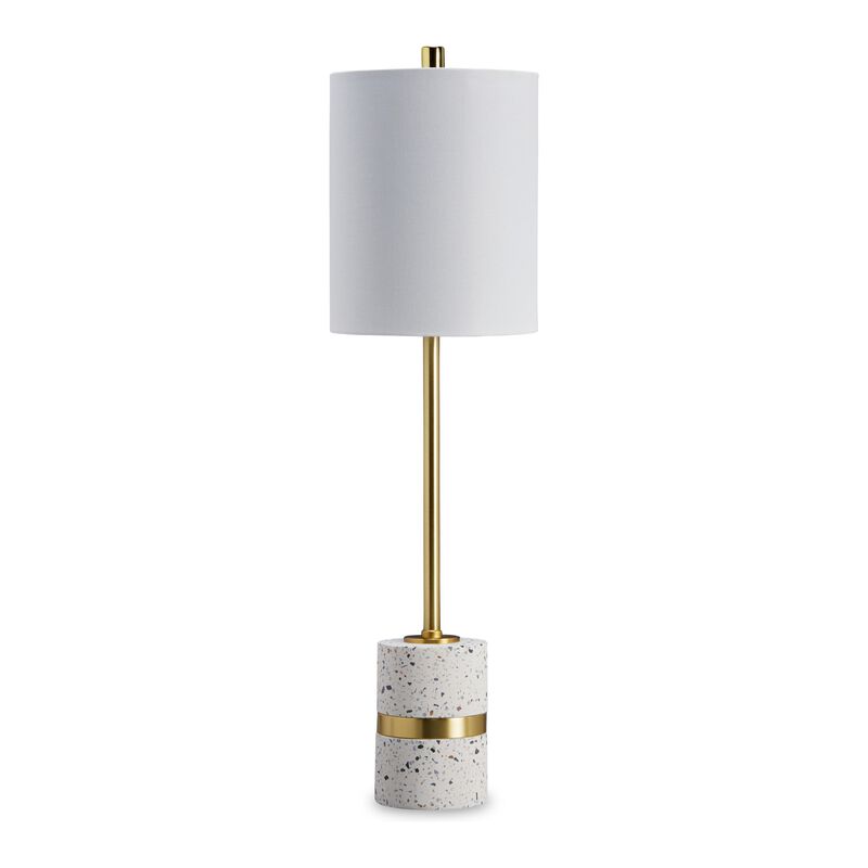 Joen 31 Inch Modern Table Lamp, Round White Terrazzo Base, Gold Brass Metal - Benzara
