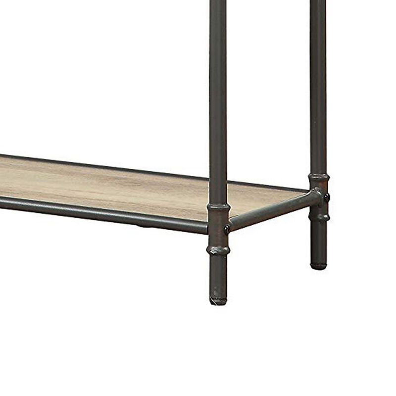Three Tier Metal Bookshelf With Wooden Shelves, Oak Brown & Gray-Benzara